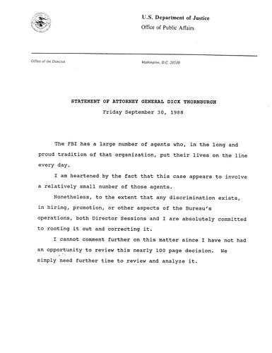 AG Thornburgh statement on FBI agents