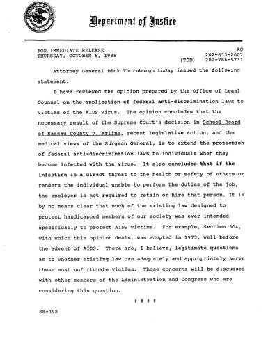 AG Thornburgh reviewed Office of Legal Counsel opinion on federal anti-discrimination laws to victims of AIDS virus