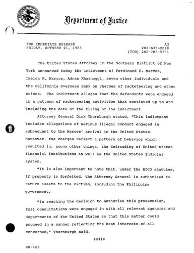 US Attorney in the Southern District of New York announced indictment of Ferdinand and Imelda Marcos, A. Khashoggi, 7 other individuals, and CA Overseas Bank on racketeering charges and other crimes
