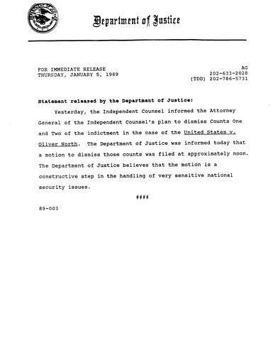 Independent Counsel informed AG of plan to dismiss Counts 1 and 2 of indictment in the US v. Oliver North case