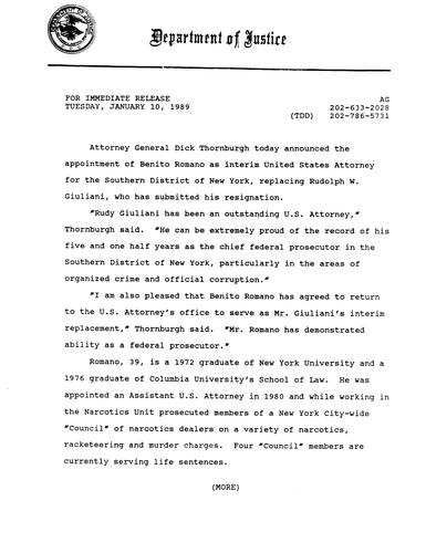 AG announced appointment of Benito Romano as interim US Attorney for Southern District of New York replacing Rudolph W. Giuliani who submitted his resignation
