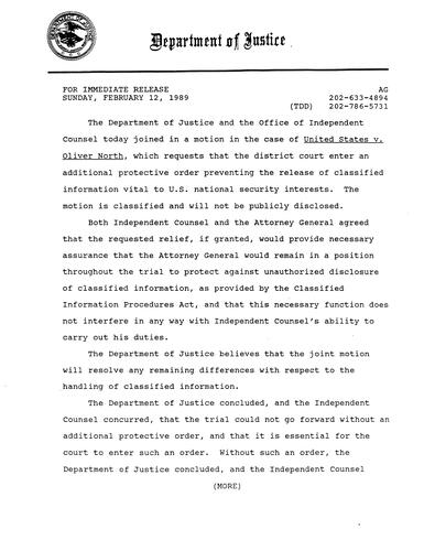 DOJ and Opportunities Industrialization Centers joined in a motion in US v. Oliver North case relating to national security interests