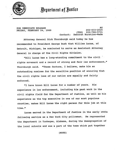 AG recommended to President Bush that William Lucas be nominated as Assistant Attorney General in charge of Civil Rights Division