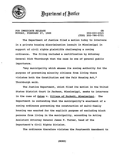 DOJ filed motion to intervene in private housing discrimination suit in Mississippi, supporting civil rights plaintiffs challenging a zoning ordinance