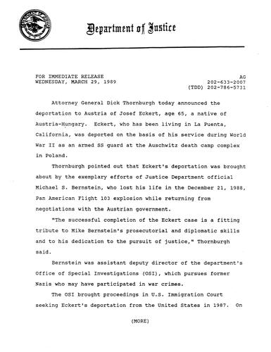 AG announced Josef Eckert's deportation to Austria on the basis of his WWII service as an armed SS guard at Auschwitz