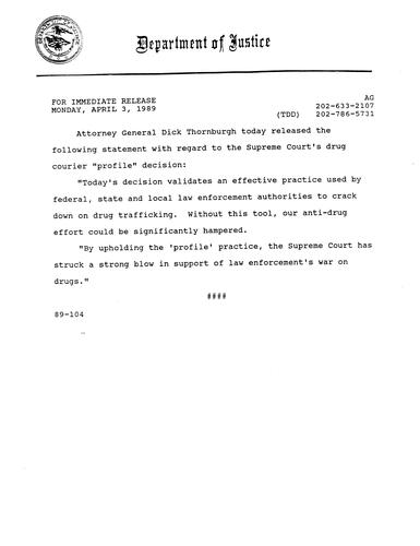 AG's statement regarding the Supreme Court's drug courier "profile" decision