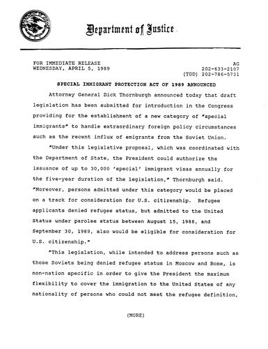 AG announced Special Immigration Protection Act of 1989