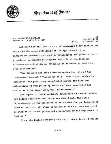 AG announced he suspended the order providing for appointment of independent counsel to conduct investigations and prosecutions for wrongdoing by members of Congress and ordered the Criminal Division and US Attorneys to reassume jurisdiction