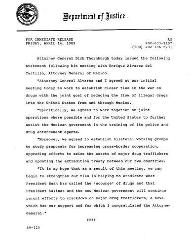 AG filed a statement following his meeting with Enrique Alvarez del Castillo, AG of Mexico