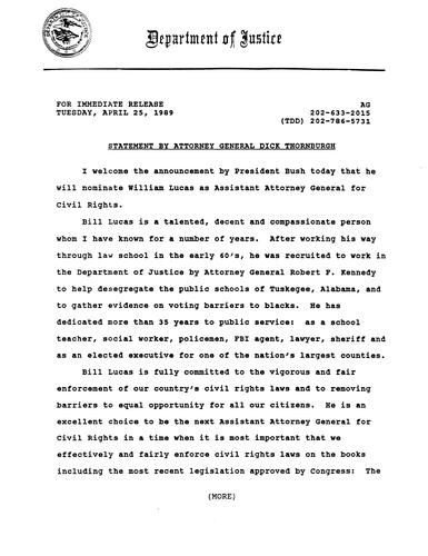 AG welcomed President Bush's announcement to nominate William Lucas as Assistant Attorney General for Civil Rights