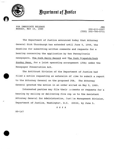 AG extended the deadline for submitting written comments and requests for a hearing regarding the application for a joint operating arrangement (JOA) by York Daily Record and the York Dispatch/York Daily Sunday News (Justice Management Division)