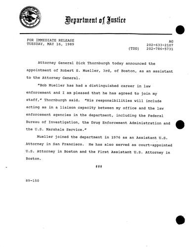 AG announced appointment of Robert S. Mueller, III as an assistant to the AG