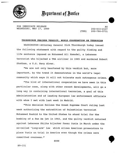 AG issued a statement regarding the guilty finding and life sentence imposed on Mudhammed Ali Hamadei, Lebanese terrorist who hijacked a TWA airliner