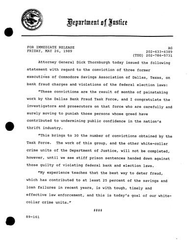 AG's statement regarding the conviction of three former executives of Commodore Savings Association of Dallas on bank fraud charges and violations of federal election laws