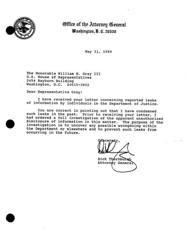 AG made available a copy of the letter sent to William Gray\, III regarding the Department's investigation into leaks within DOJ