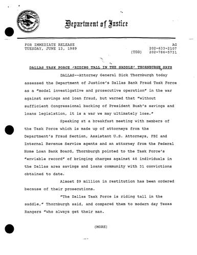 AG's statement assessing the Dallas Bank Fraud Task Force's accomplishments
