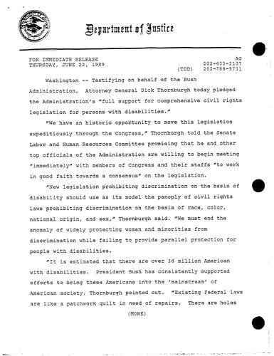 Testifying on behalf of the Bush Administration, AG pledged the Administration's full support for comprehensive civil rights legislation for persons with disabilities