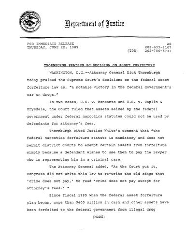 AG praised Supreme Court's decision on the federal asset forfeiture law