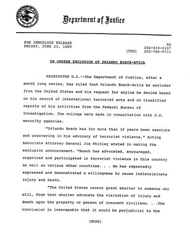 DOJ ruled that Orlando Bosch-Avila be excluded from the US and his request for asylum be denied based on his record of international terrorist acts