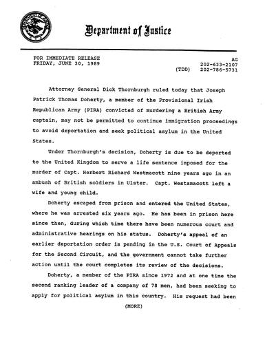AG ruled that Joseph Doherty, Provisional Irish Republican Army (PIRA) member, may not be permitted to continue immigration proceedings to avoid deportation and seek political asylum in US