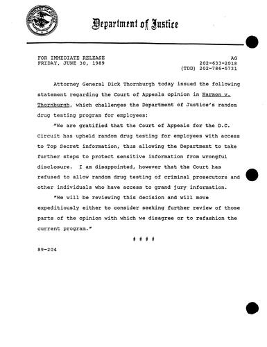 AG's statement regarding the Court of Appeals opinion in Harmon v. Thornburgh, which challenges DOJ's random drug testing program for employees