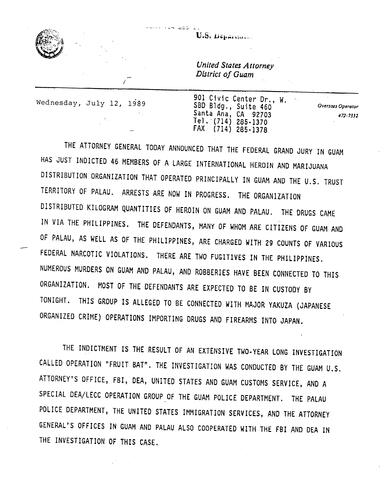 AG announced federal grand jury in Guam indicted forty-six members of large international heroin and marijuana distribution organization (USA-Guam)