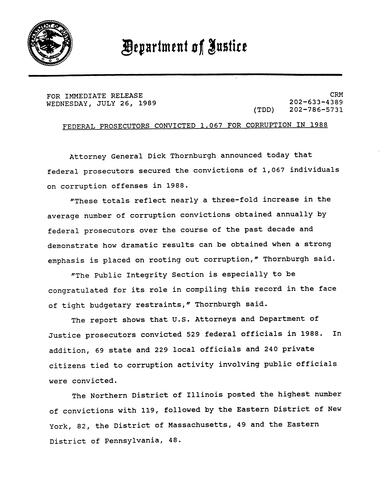 AG announced that federal prosecutors secured the convictions of 1,067 individuals on corruption offenses in 1988