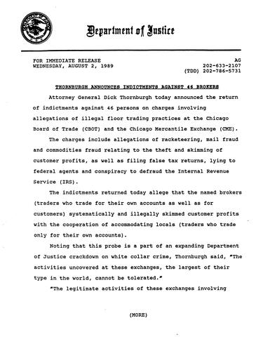 AG announced indictments against 46 brokers for illegal floor trading practices at the Chicago Board of Trade and the Chicago Mercantile Exchange