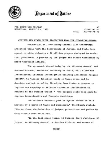 AG announced that DOJ and State have agreed to offer Colombia a $2 million program designed to assist that government in protecting judges and others