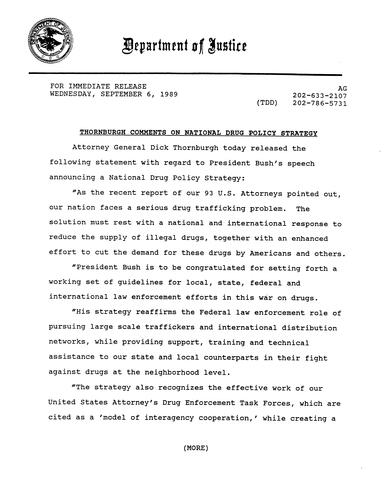 AG's statement regarding President Bush's speech announcing a National Drug Policy Strategy