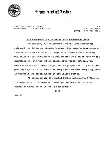 AG's statement concerning the conviction of Juan Matta Ballesteros in Los Angeles on 7 counts of drug violations