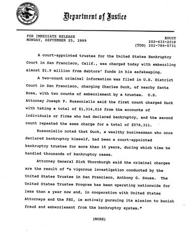A court appointed trustee for the US Bankruptcy Court in San Francisco was charged with embezzling almost $1.9 million from debtors' funds (Executive Office of US Trustees)