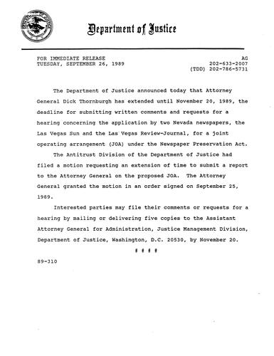 AG extended the deadline for submitting comments and hearing for Las Vegas Sun and Las Vegas Review-Journal
