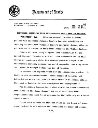 AG praised Colombian Supreme Court's decision unfolding the legality of President Barco's emergency decree allowing extradition of drug traffickers