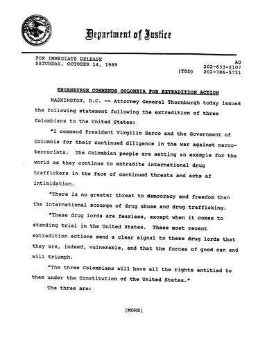 AG's statement regarding the extradition of three Colombians to the US: Ann Rodriguez de Tamayo, Roberto Peter Carlini, and Bernardo Pelaez Roldan