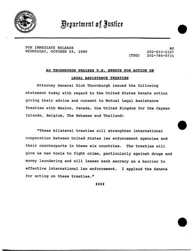 AG's statement regarding US Senate action giving advice and consent to an Mutual Legal Assistance Treaty (MLAT) with Mexico, Canada, and the UK