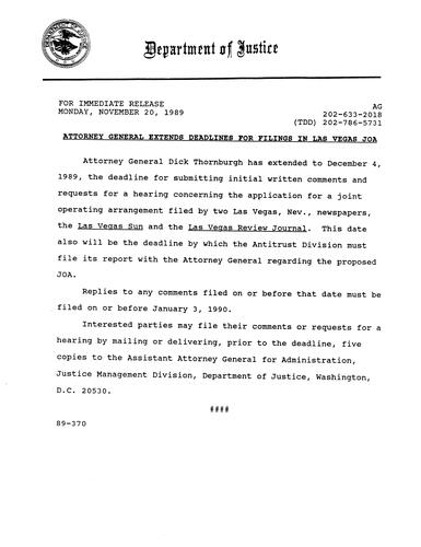 AG extended deadlines for filings in the Las Vegas Sun and Las Vegas Review Journal joint operating arrangement (JOA)