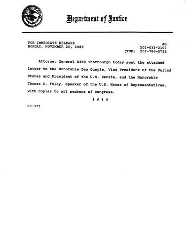 AG sent a letter to VP Dan Quayle and Speaker of the House, Thomas Foley regarding firearms