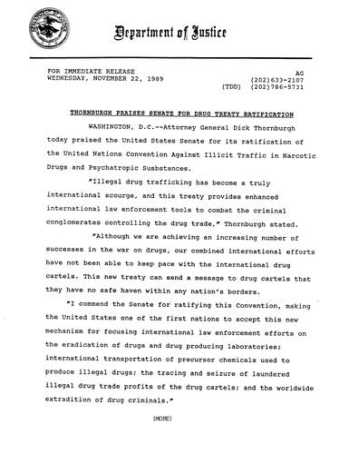 AG praised the US Senate for its ratification of the United Nations Convention Against Illicit Traffic in Narcotic Drugs/Psychotropic Substances
