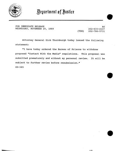 AG's statement regarding the Bureau of Prisons media regulations