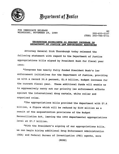AG's statement regarding DOJ's 30% increase in law enforcement resources
