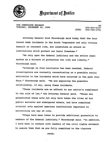 AG regarding four recent bomb incidents in the South