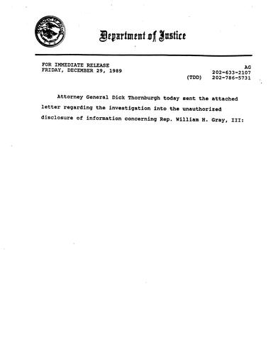 AG sent a letter regarding the investigation into the unauthorized disclosure of information concerning US Rep William Gray, III