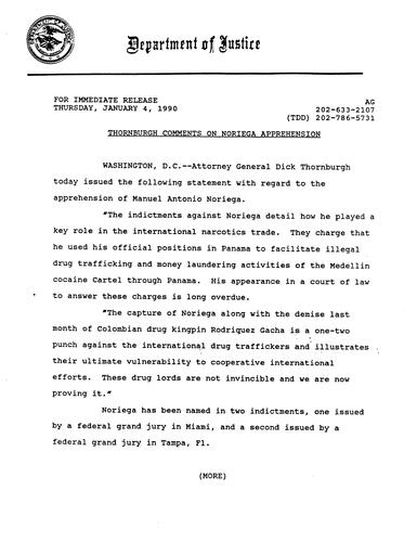 AG's statement regarding the apprehension of Manuel Antonio Noriega