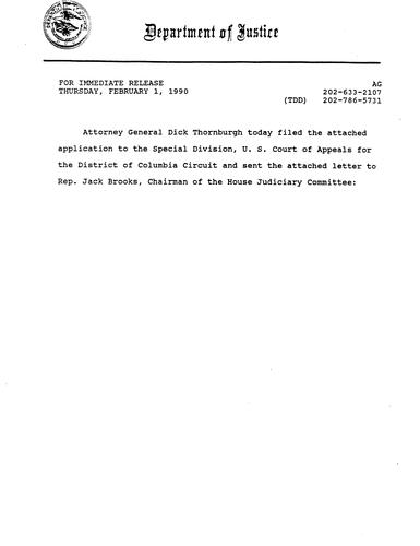 AG filed application to investigate allegations of criminal conduct by Samuel R. Pierce, former Secretary of HUD