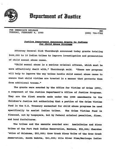 AG announced grants to Indians for child abuse programs (Office for Victims of Crime)