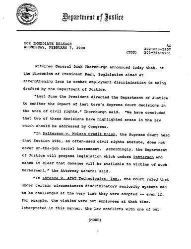 AG announced that under the direction of President Bush, legislation aimed at strengthening laws to combat employment discrimination is being drafted by the DOJ