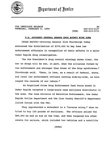 DOJ announced that AG shared drug bounty with Iowa