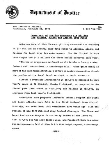 AG announced awarding of $14 million in federal anti-drug funds to Alabama, Alaska, and Arizona for local drug law enforcement (Bureau of Justice Assistance)
