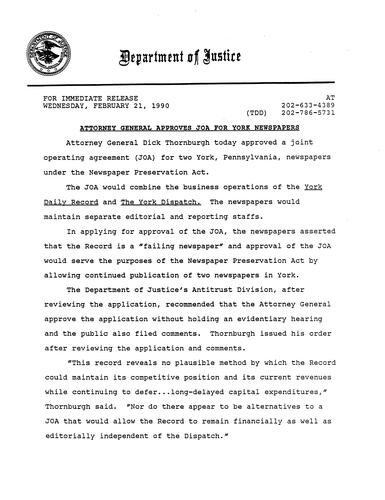 AG approved joint operating agreement for two York, PA newspapers under the Newspaper Preservation Act (Antitrust Division)